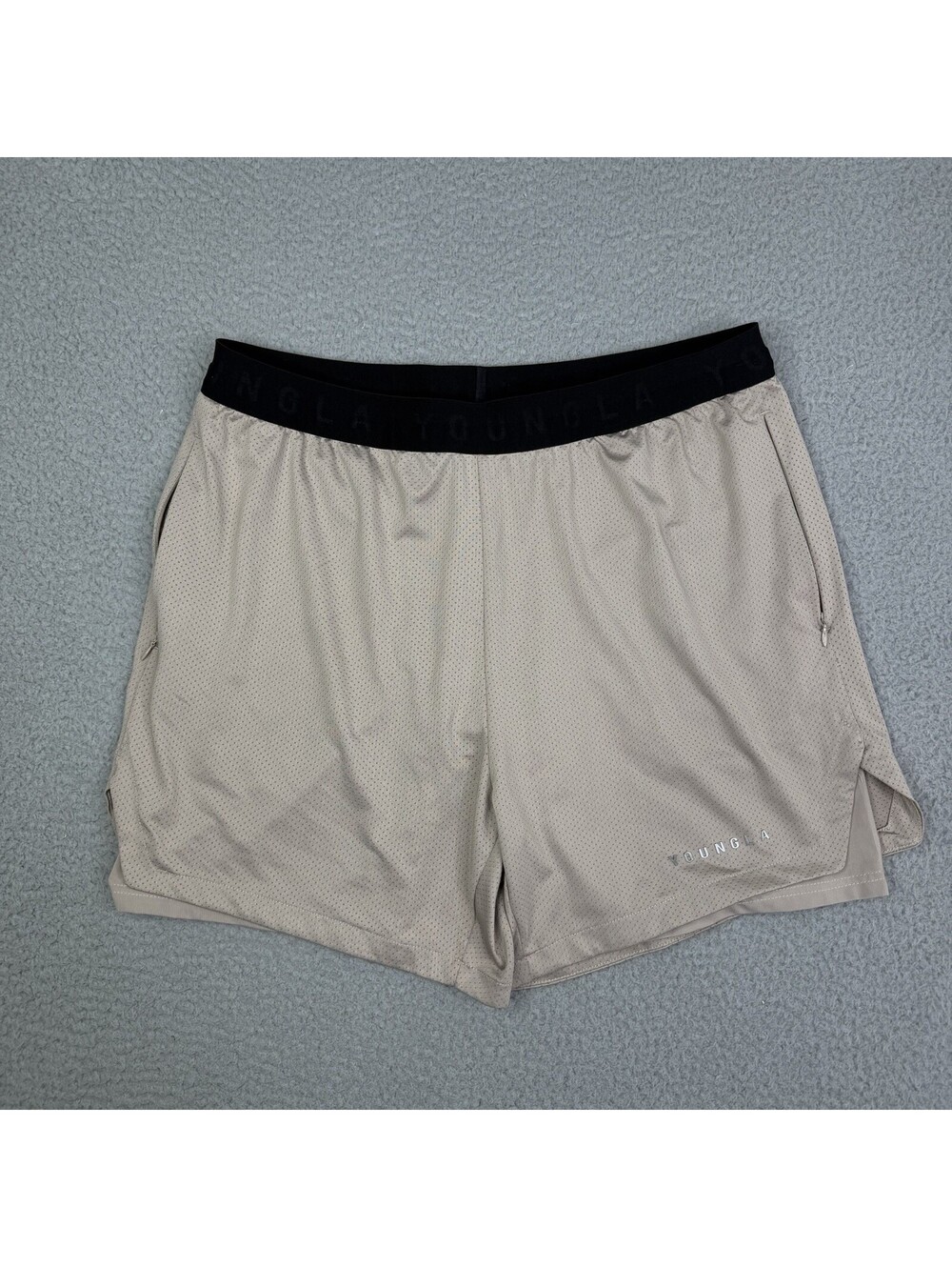 Young LA Shorts Mens XL Beige 4.5 In Mesh Lined Running Athletic Gym Training
